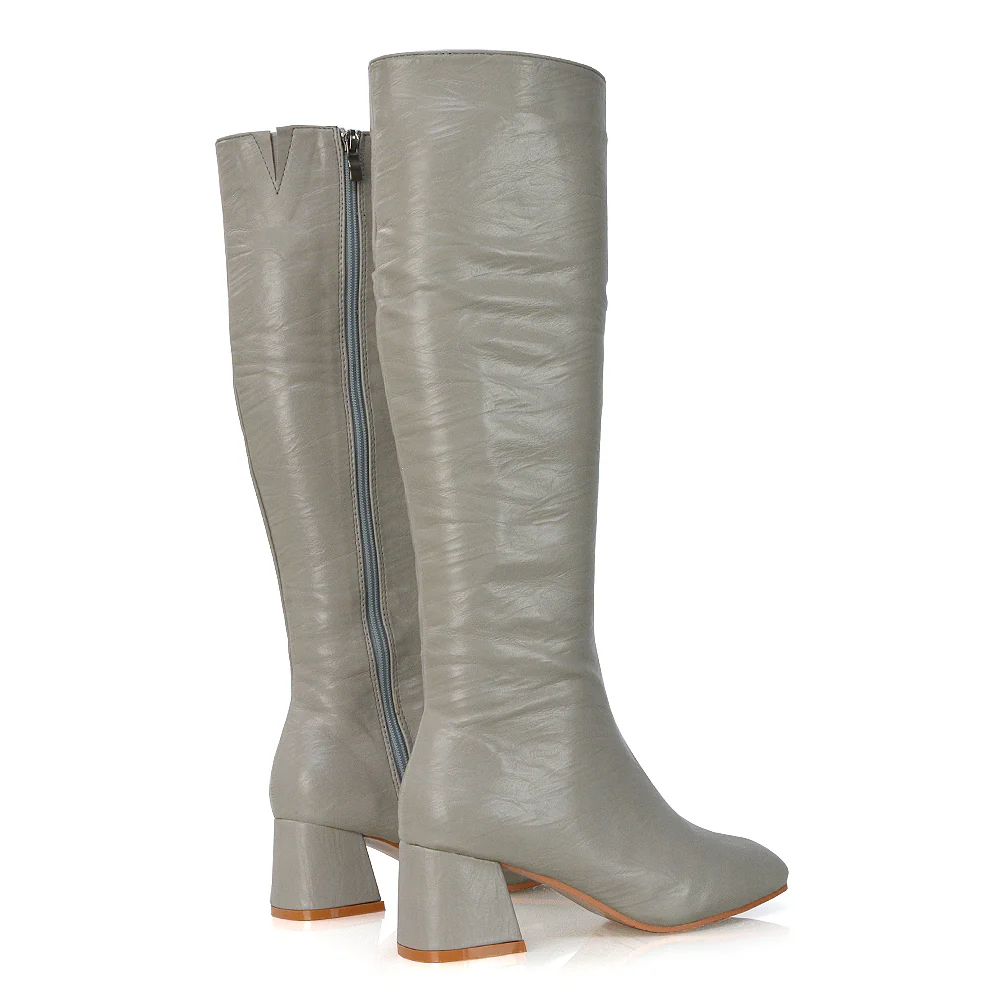 Kaia Flared Block High Heel Below The Knee High Boots With Heel in Stone Synthetic Leather - Image 5