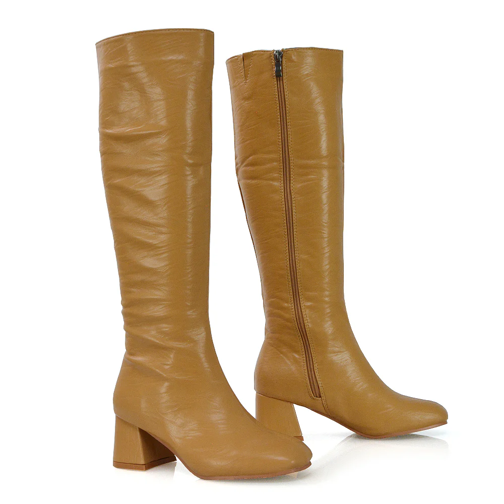 Kaia Flared Block High Heel Below The Knee High Boots With Heel in Stone Synthetic Leather - Image 56