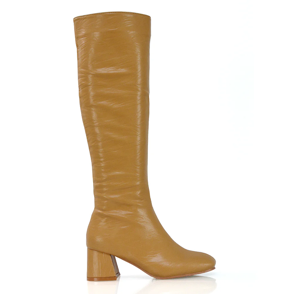 Kaia Flared Block High Heel Below The Knee High Boots With Heel in Stone Synthetic Leather - Image 58