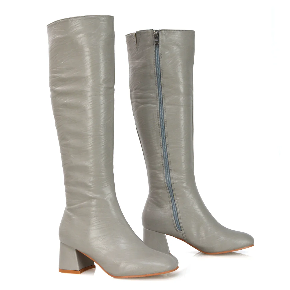 Kaia Flared Block High Heel Below The Knee High Boots With Heel in Stone Synthetic Leather - Image 66