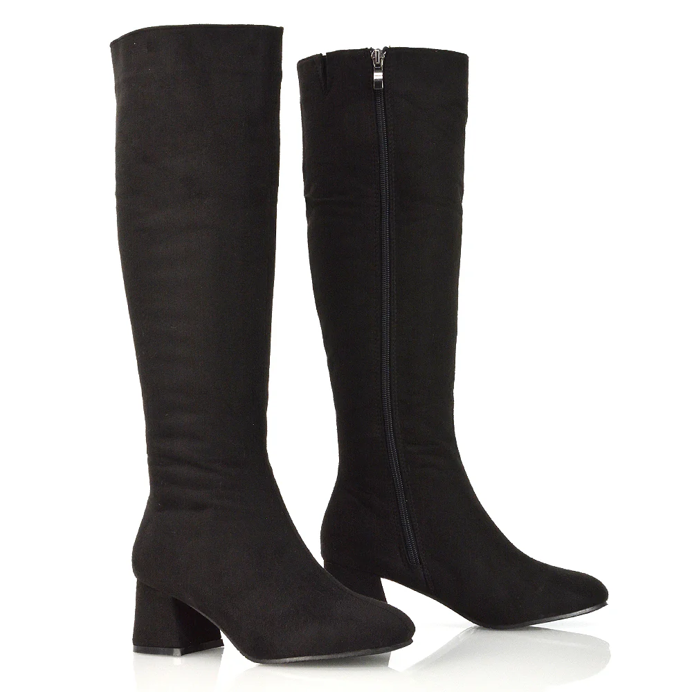 Kaia Flared Block High Heel Below The Knee High Boots With Heel in Black Faux Suede - Image 101