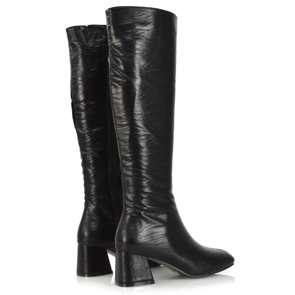 Kaia Flared Block High Heel Below The Knee High Boots With Heel in Black Faux Suede - Image 15
