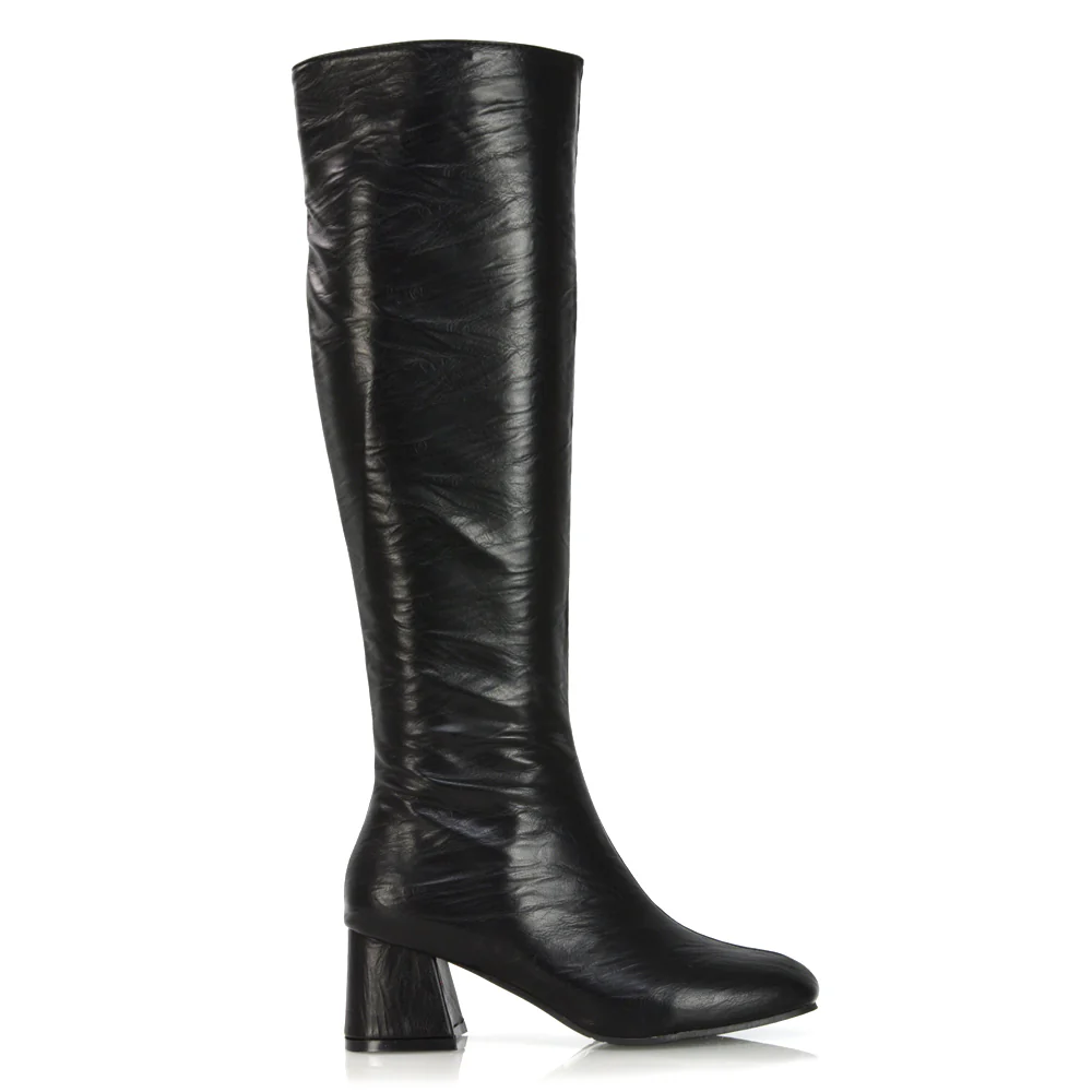 Kaia Flared Block High Heel Below The Knee High Boots With Heel in Black Faux Suede - Image 33