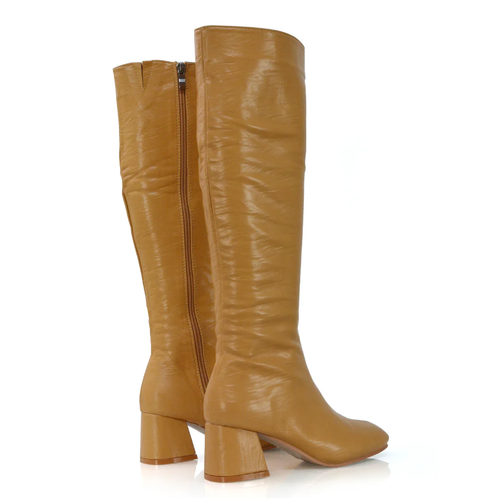 Kaia Flared Block High Heel Below The Knee High Boots With Heel in Black Faux Suede - Image 64