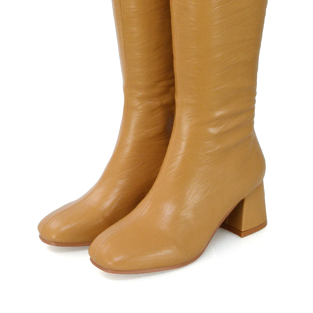 Kaia Flared Block High Heel Below The Knee High Boots With Heel in Black Faux Suede - Image 65