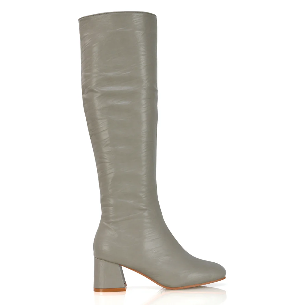 Kaia Flared Block High Heel Below The Knee High Boots With Heel in Black Faux Suede - Image 78