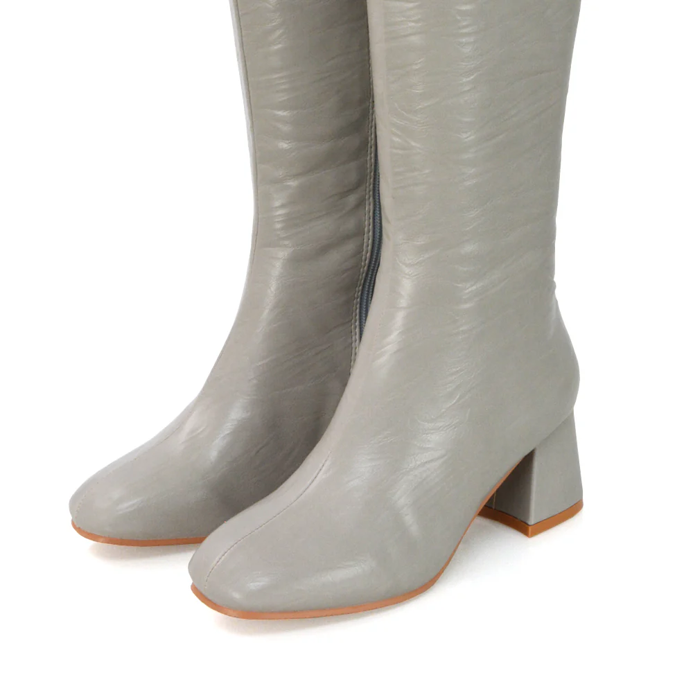 Kaia Flared Block High Heel Below The Knee High Boots With Heel in Black Faux Suede - Image 89
