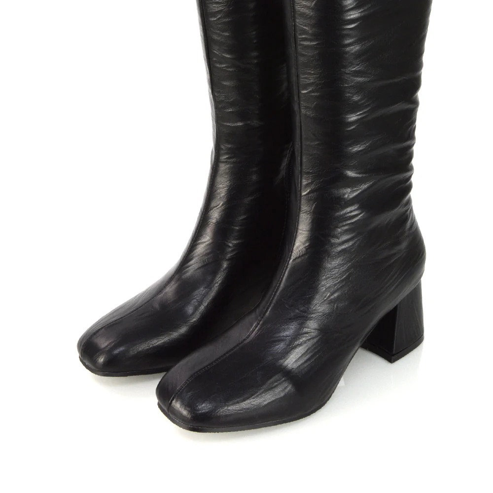 Kaia Flared Block High Heel Below The Knee High Boots With Heel in Black Faux Suede - Image 9
