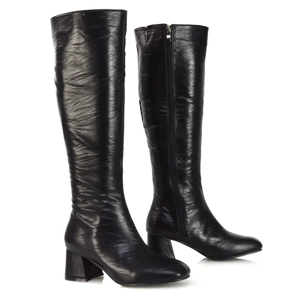 Kaia Flared Block High Heel Below The Knee High Boots With Heel in Taupe Faux Suede - Image 61