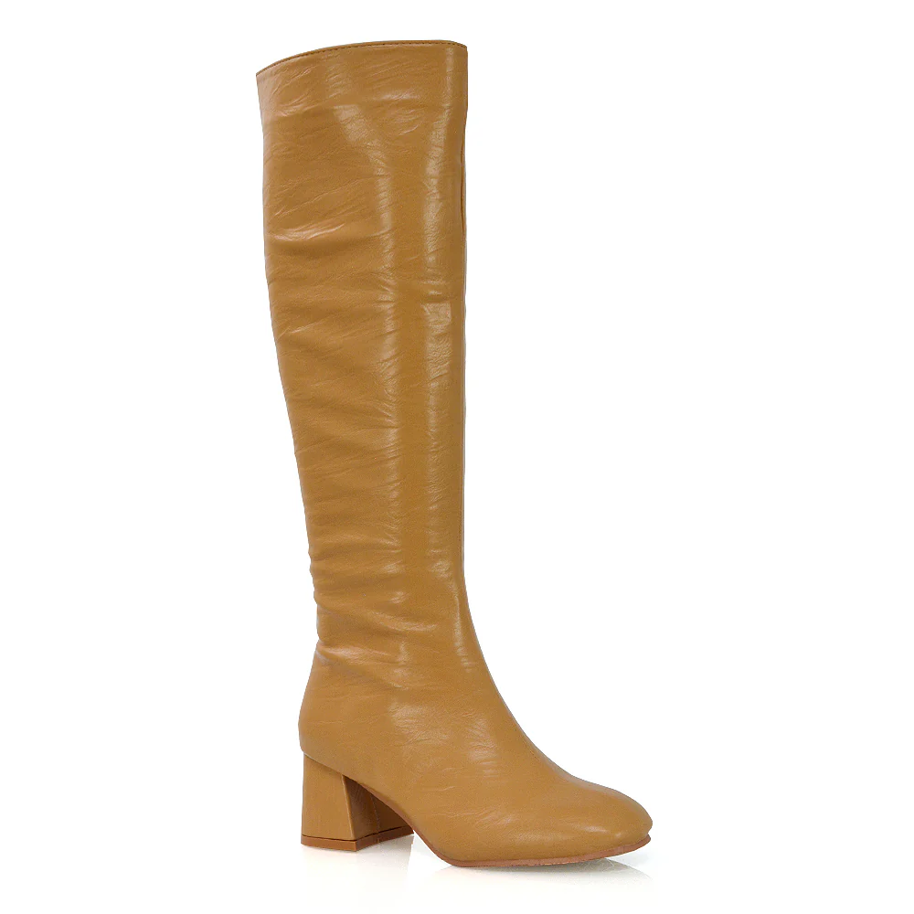 Kaia Flared Block High Heel Below The Knee High Boots With Heel in Taupe Faux Suede - Image 67