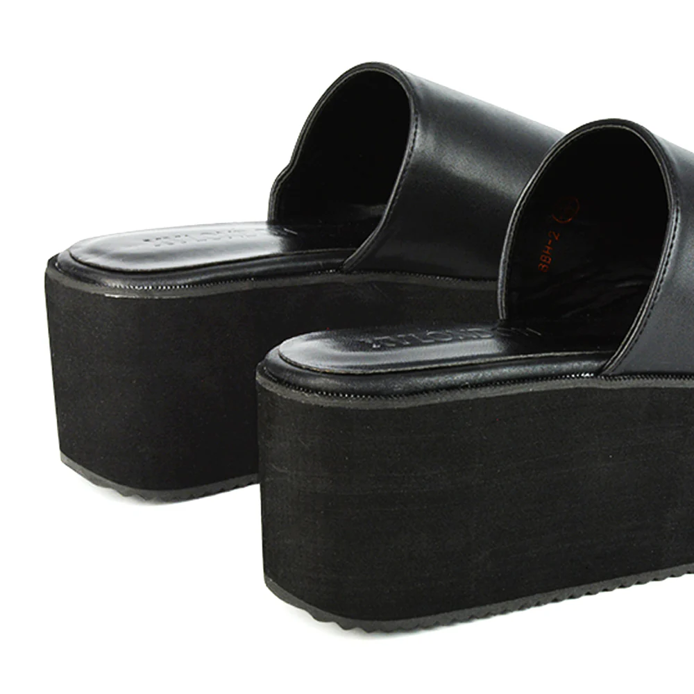 Kaiya Square Toe Slip on Flatform Sandal Slides in Black Synthetic Leather - Image 17