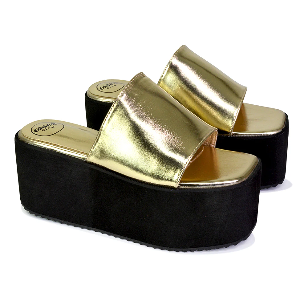 Kaiya Square Toe Slip on Flatform Sandal Slides in Gold - Image 138