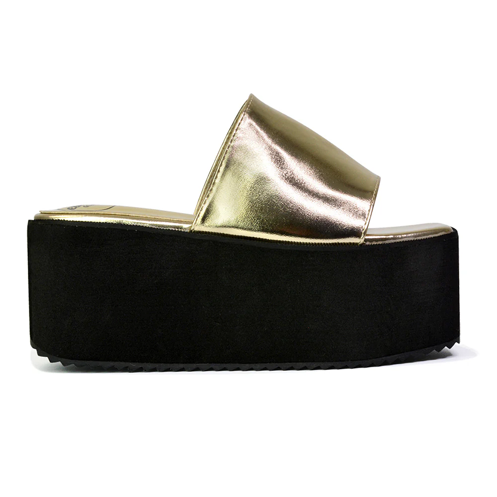 Kaiya Square Toe Slip on Flatform Sandal Slides in Gold - Image 140