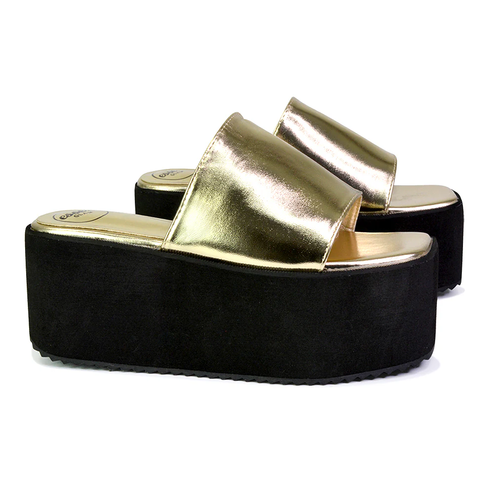 Kaiya Square Toe Slip on Flatform Sandal Slides in Gold - Image 146