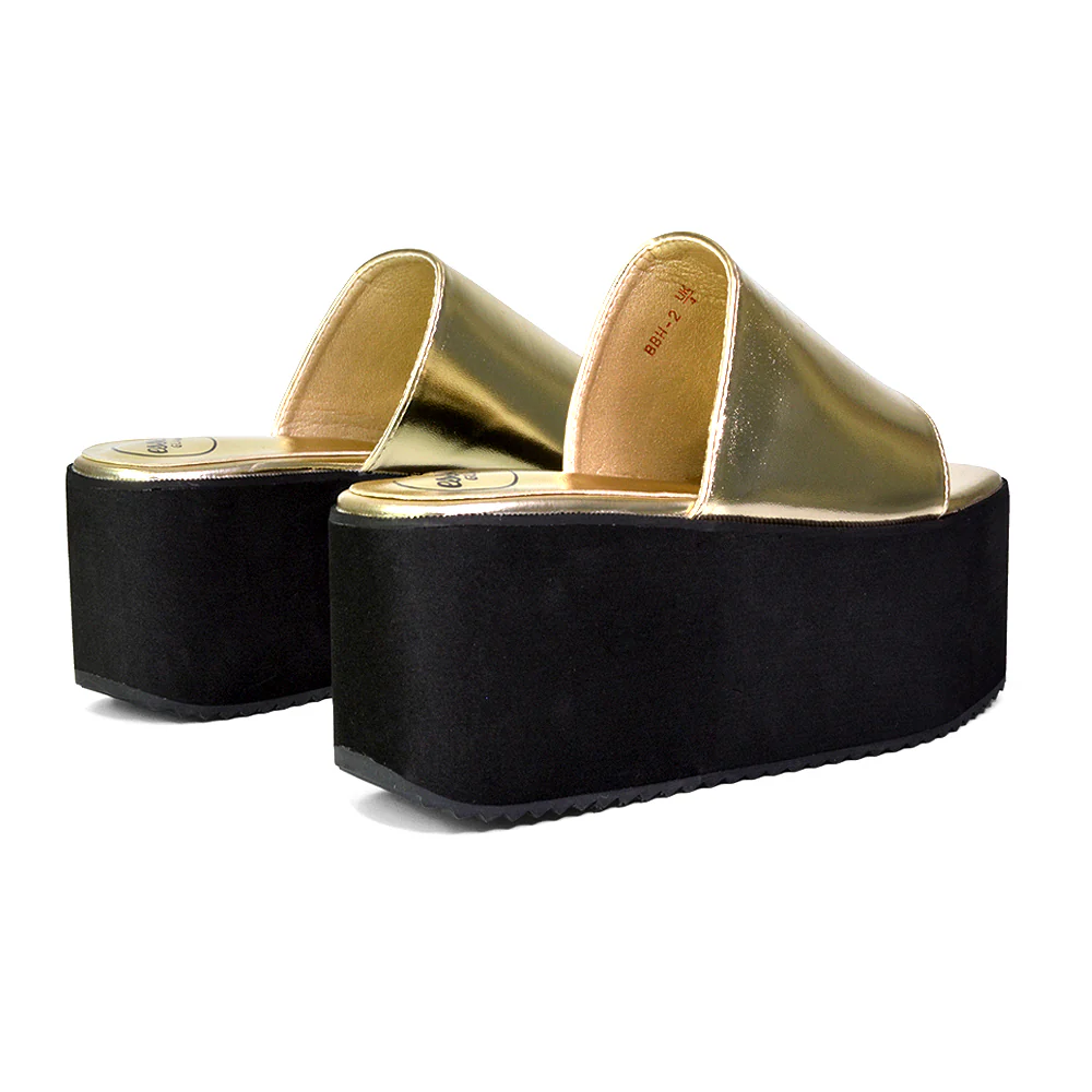 Kaiya Square Toe Slip on Flatform Sandal Slides in Gold - Image 147