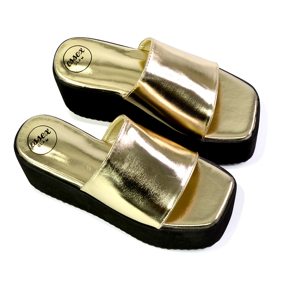 Kaiya Square Toe Slip on Flatform Sandal Slides in Gold - Image 159