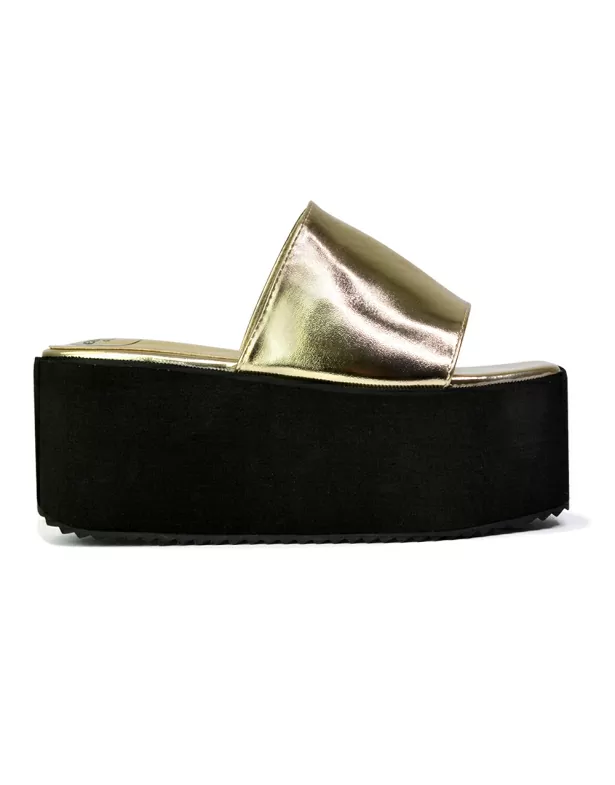 Kaiya Square Toe Slip on Flatform Sandal Slides in Gold - Image 5