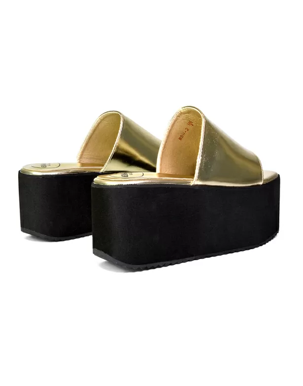 Kaiya Square Toe Slip on Flatform Sandal Slides in Gold - Image 6