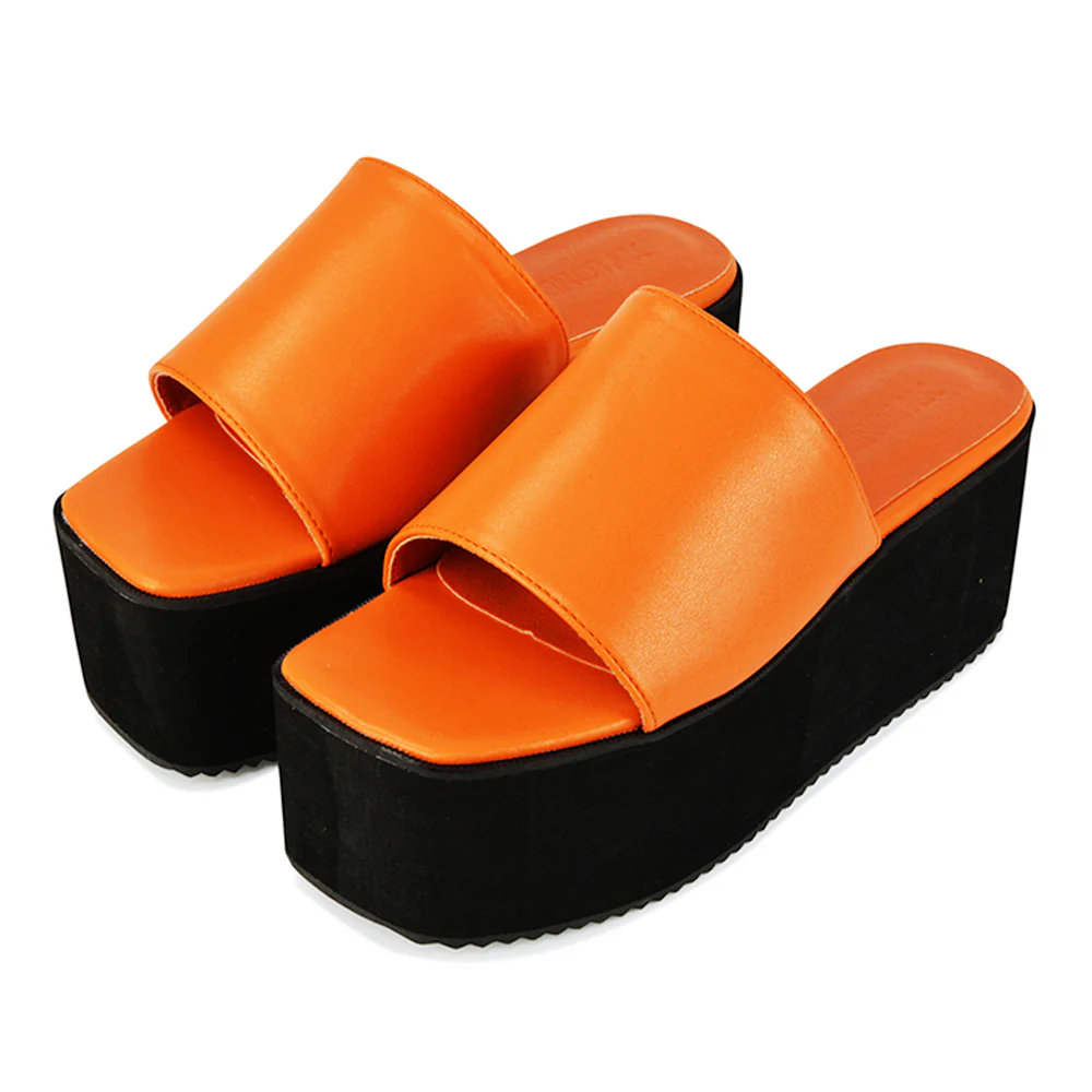 Kaiya Square Toe Slip on Flatform Sandal Slides in Gold - Image 79