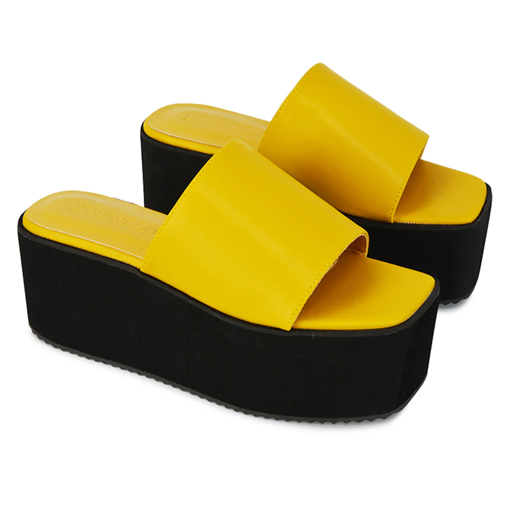 Kaiya Square Toe Slip on Flatform Sandal Slides in Nude Synthetic Leather - Image 121