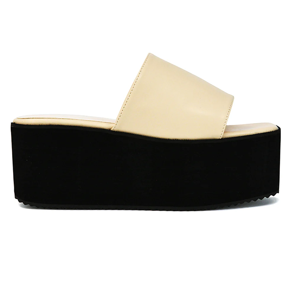 Kaiya Square Toe Slip on Flatform Sandal Slides in Nude Synthetic Leather - Image 128
