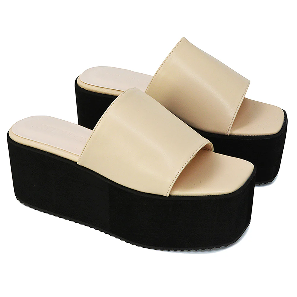 Kaiya Square Toe Slip on Flatform Sandal Slides in Nude Synthetic Leather - Image 146