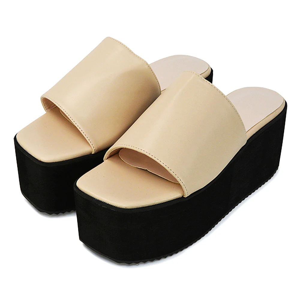 Kaiya Square Toe Slip on Flatform Sandal Slides in Nude Synthetic Leather - Image 150
