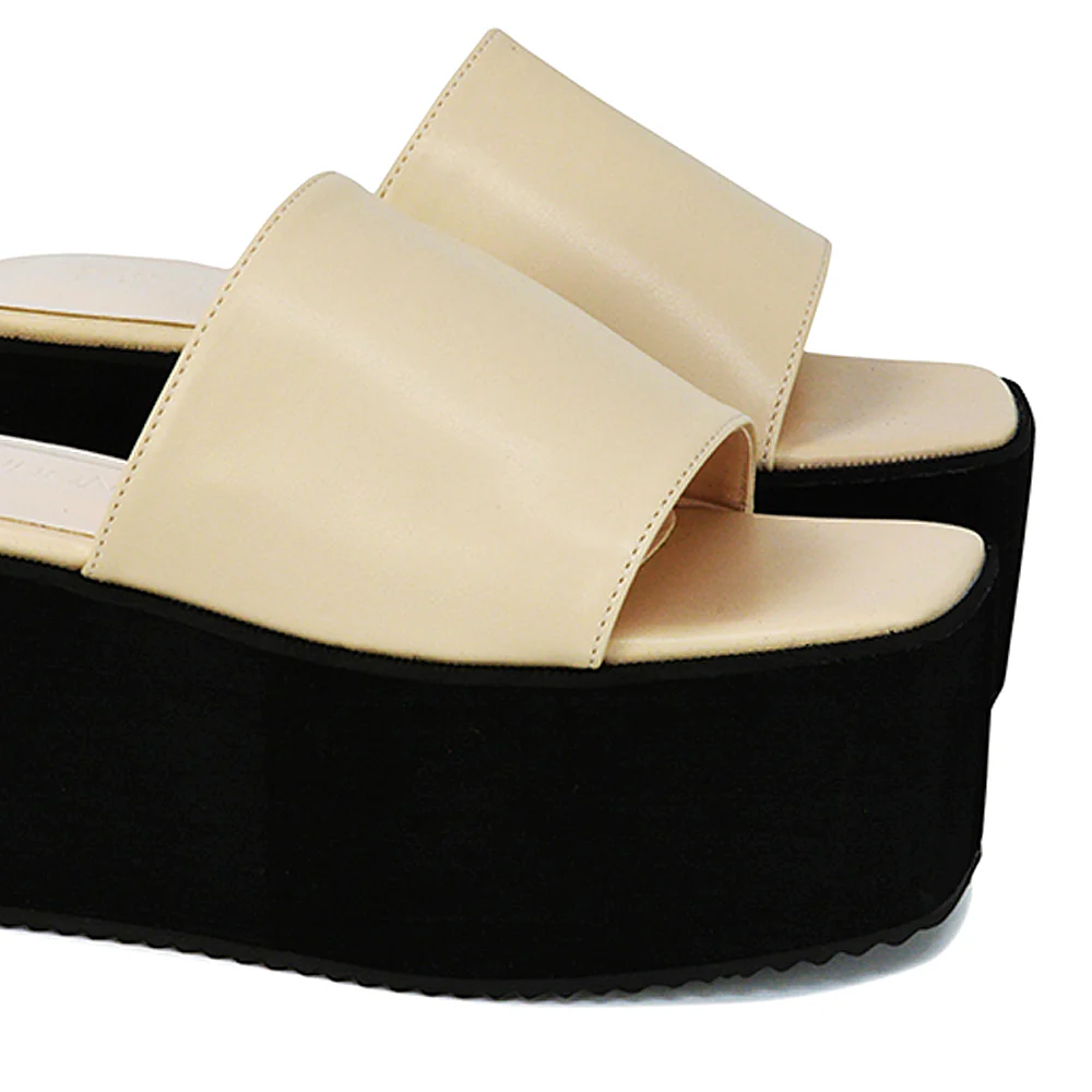 Kaiya Square Toe Slip on Flatform Sandal Slides in Nude Synthetic Leather - Image 154