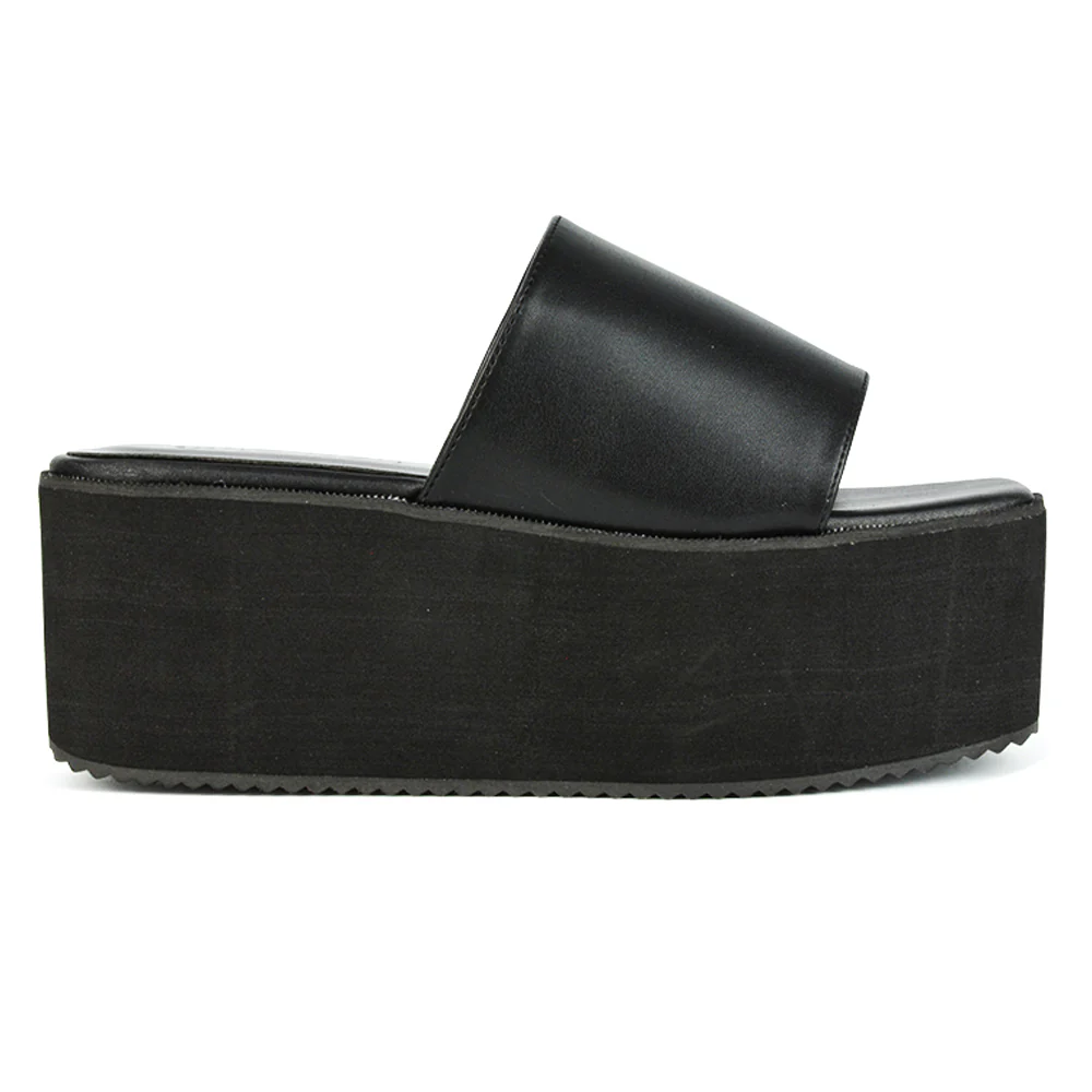 Kaiya Square Toe Slip on Flatform Sandal Slides in Nude Synthetic Leather - Image 18