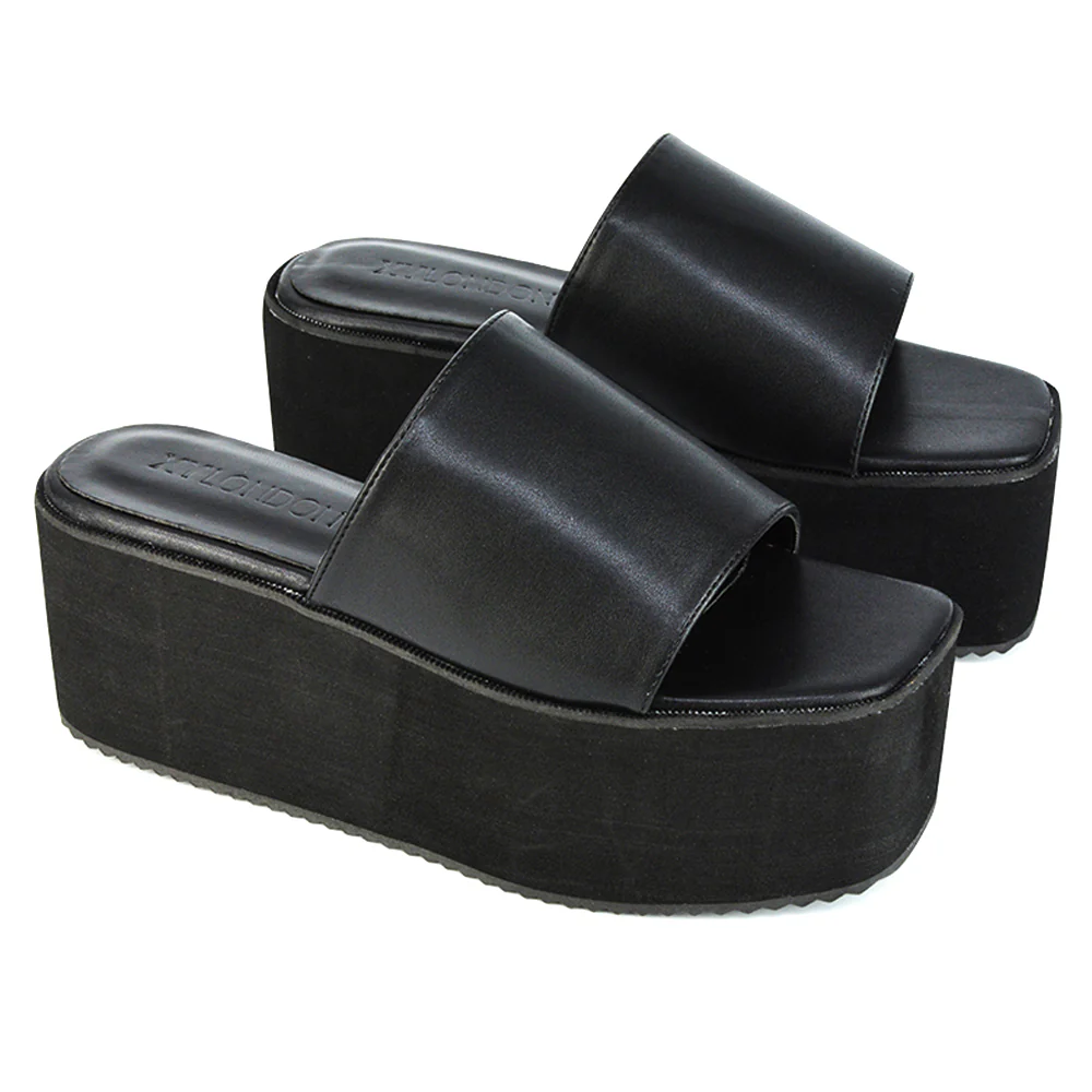 Kaiya Square Toe Slip on Flatform Sandal Slides in Nude Synthetic Leather - Image 21