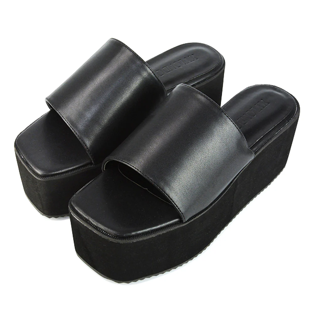 Kaiya Square Toe Slip on Flatform Sandal Slides in Nude Synthetic Leather - Image 25