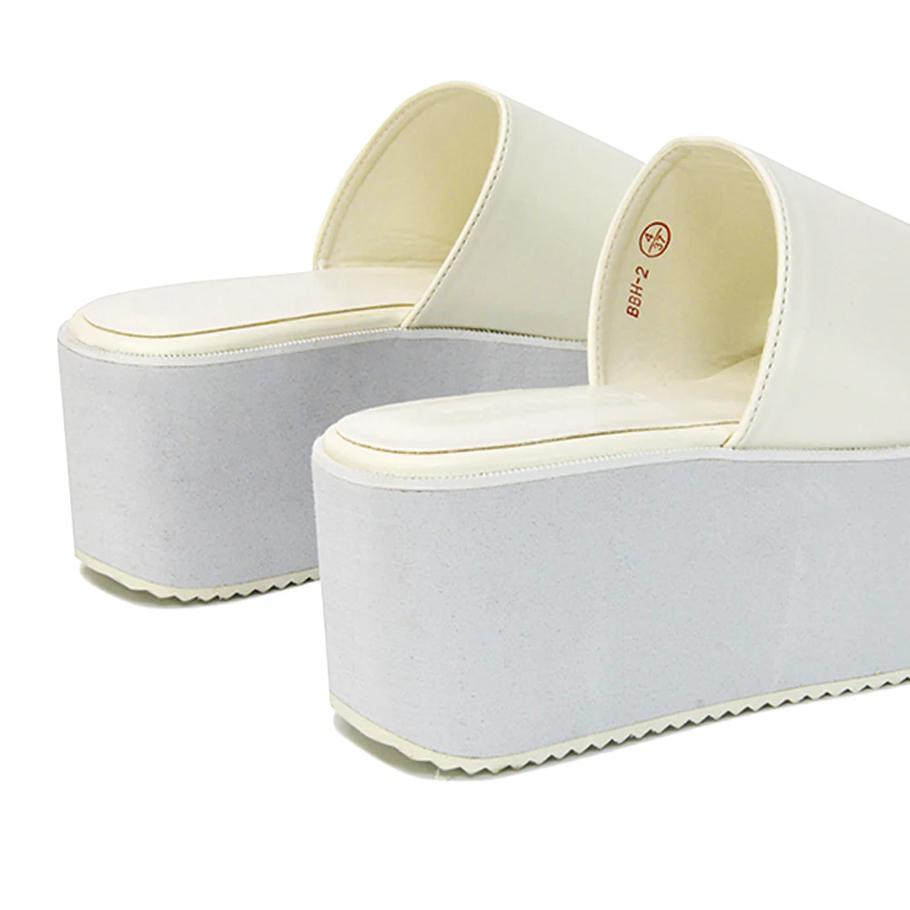 Kaiya Square Toe Slip on Flatform Sandal Slides in Nude Synthetic Leather - Image 37