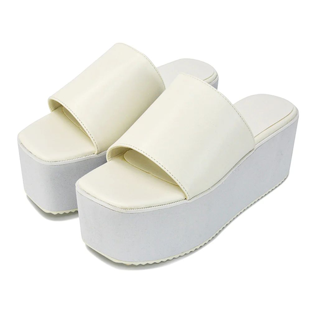 Kaiya Square Toe Slip on Flatform Sandal Slides in Nude Synthetic Leather - Image 40