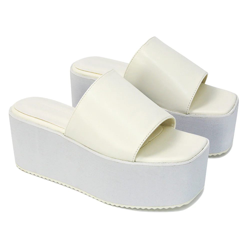 Kaiya Square Toe Slip on Flatform Sandal Slides in Nude Synthetic Leather - Image 41