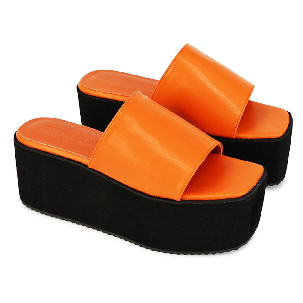Kaiya Square Toe Slip on Flatform Sandal Slides in Nude Synthetic Leather - Image 66