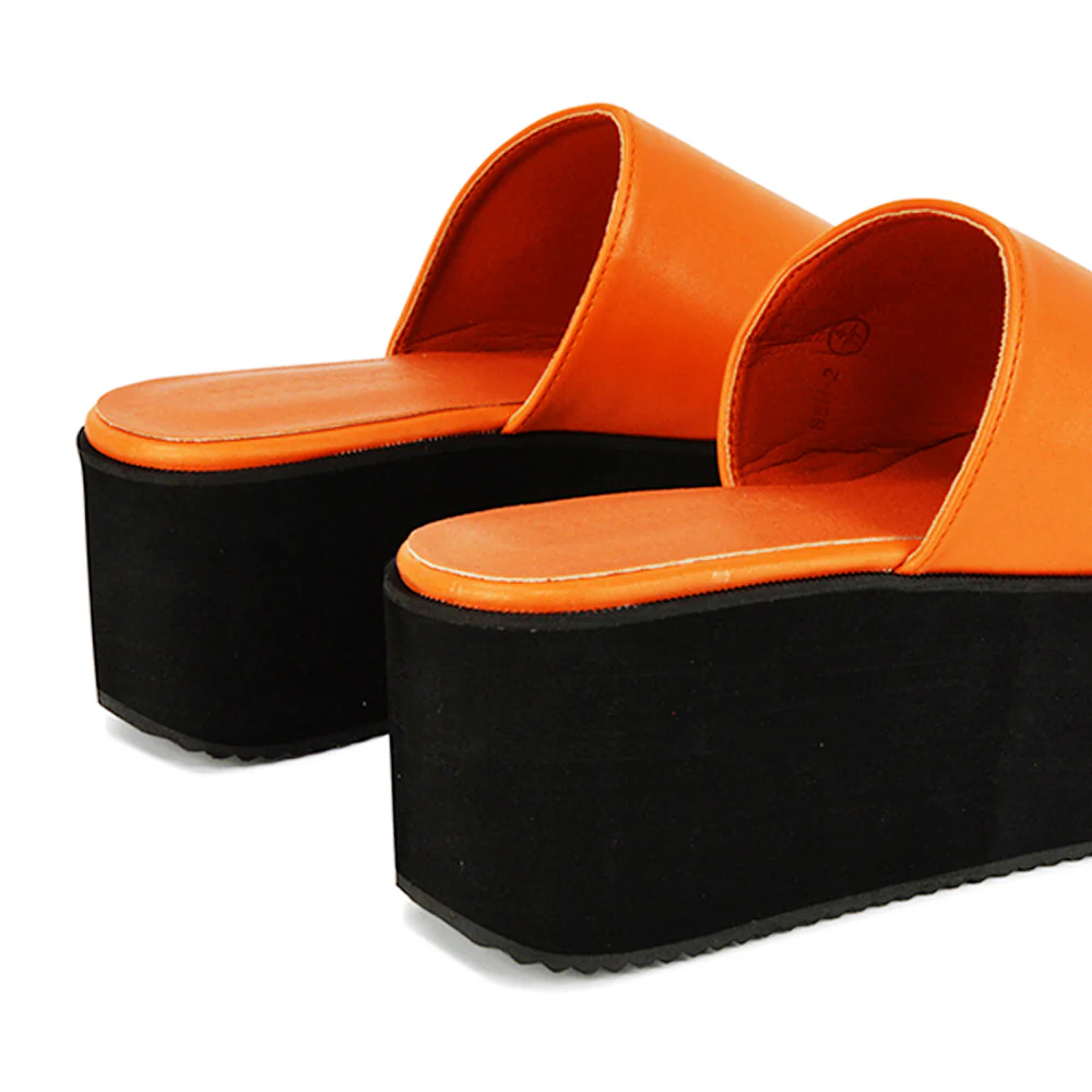 Kaiya Square Toe Slip on Flatform Sandal Slides in Nude Synthetic Leather - Image 72