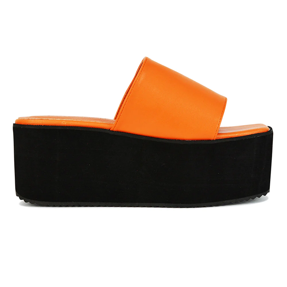 Kaiya Square Toe Slip on Flatform Sandal Slides in Nude Synthetic Leather - Image 88