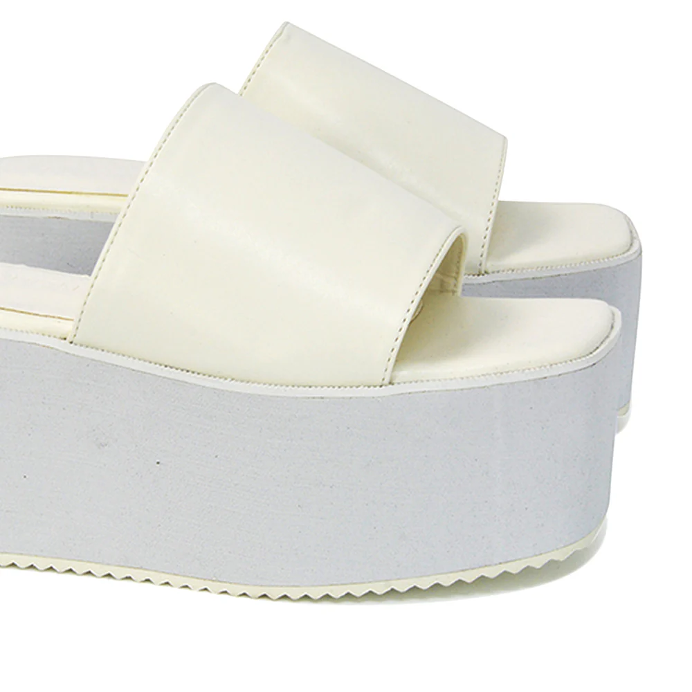 Kaiya Square Toe Slip on Flatform Sandal Slides in White Synthetic Leather - Image 60