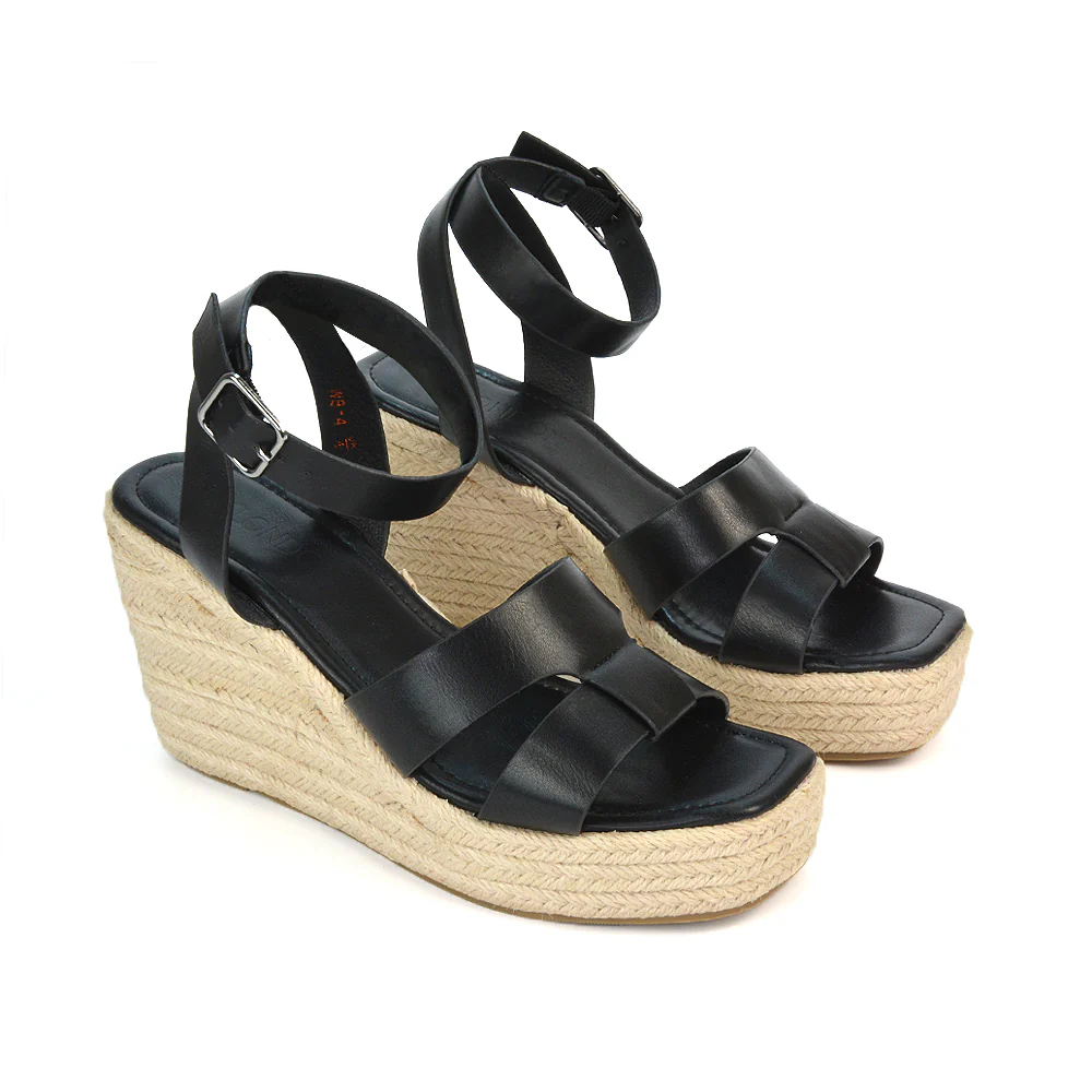 Kala Espadrille Strappy Platform Wedge Heel Sandals With a Square Toe in Gold - Image 106