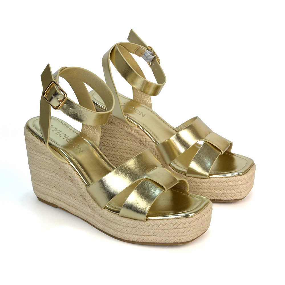 Kala Espadrille Strappy Platform Wedge Heel Sandals With a Square Toe in Gold - Image 46
