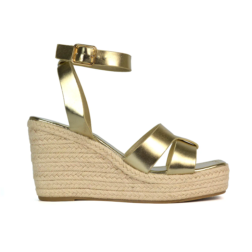 Kala Espadrille Strappy Platform Wedge Heel Sandals With a Square Toe in Gold - Image 51