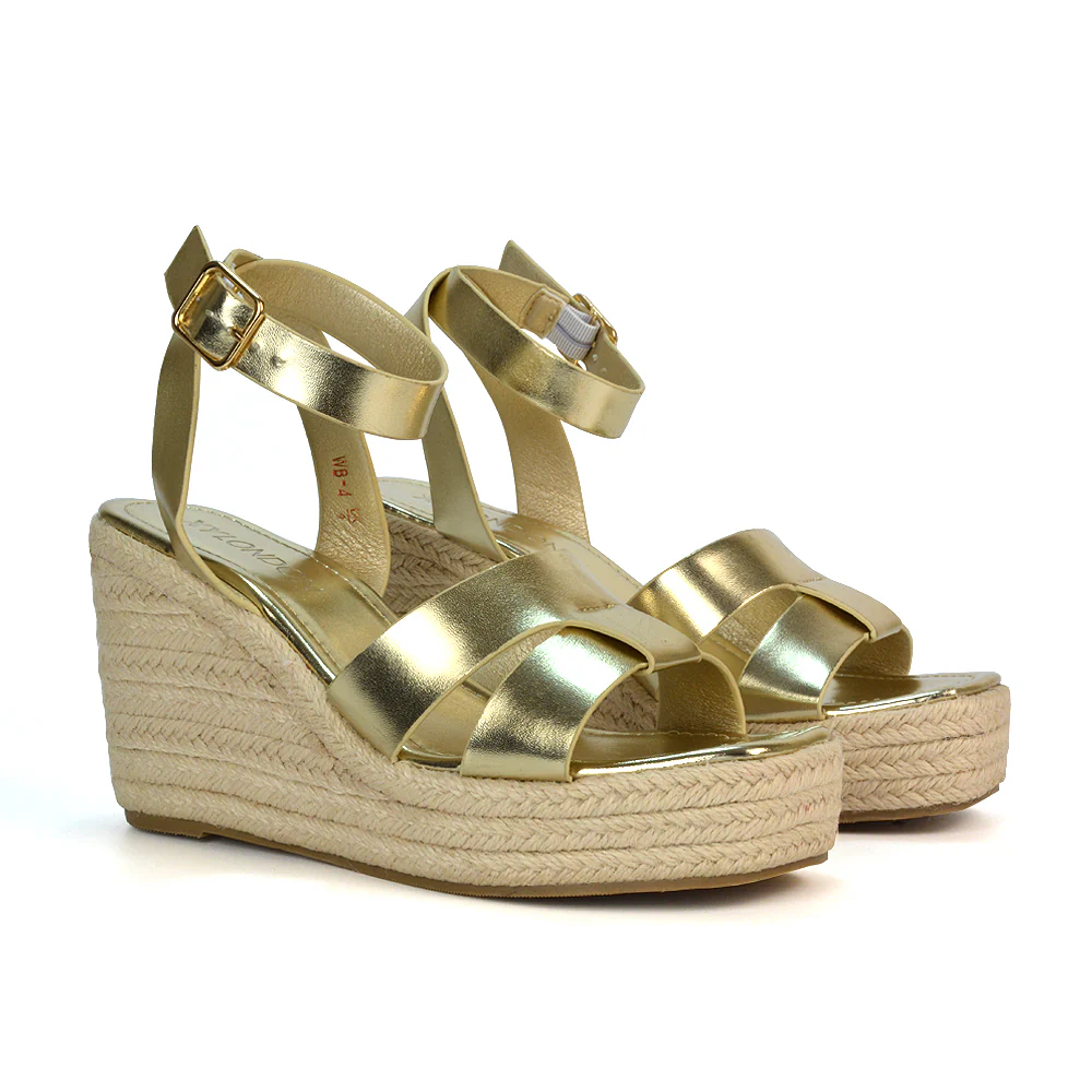 Kala Espadrille Strappy Platform Wedge Heel Sandals With a Square Toe in Gold - Image 59