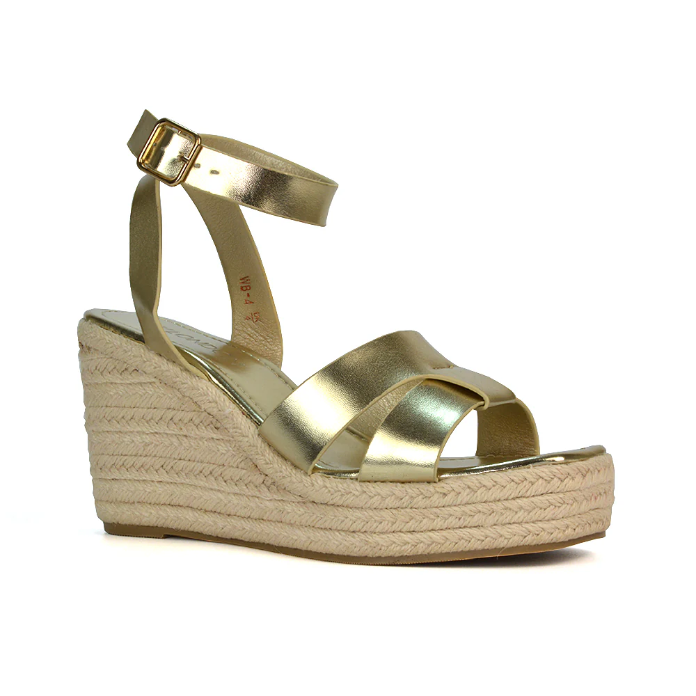 Kala Espadrille Strappy Platform Wedge Heel Sandals With a Square Toe in Gold - Image 74