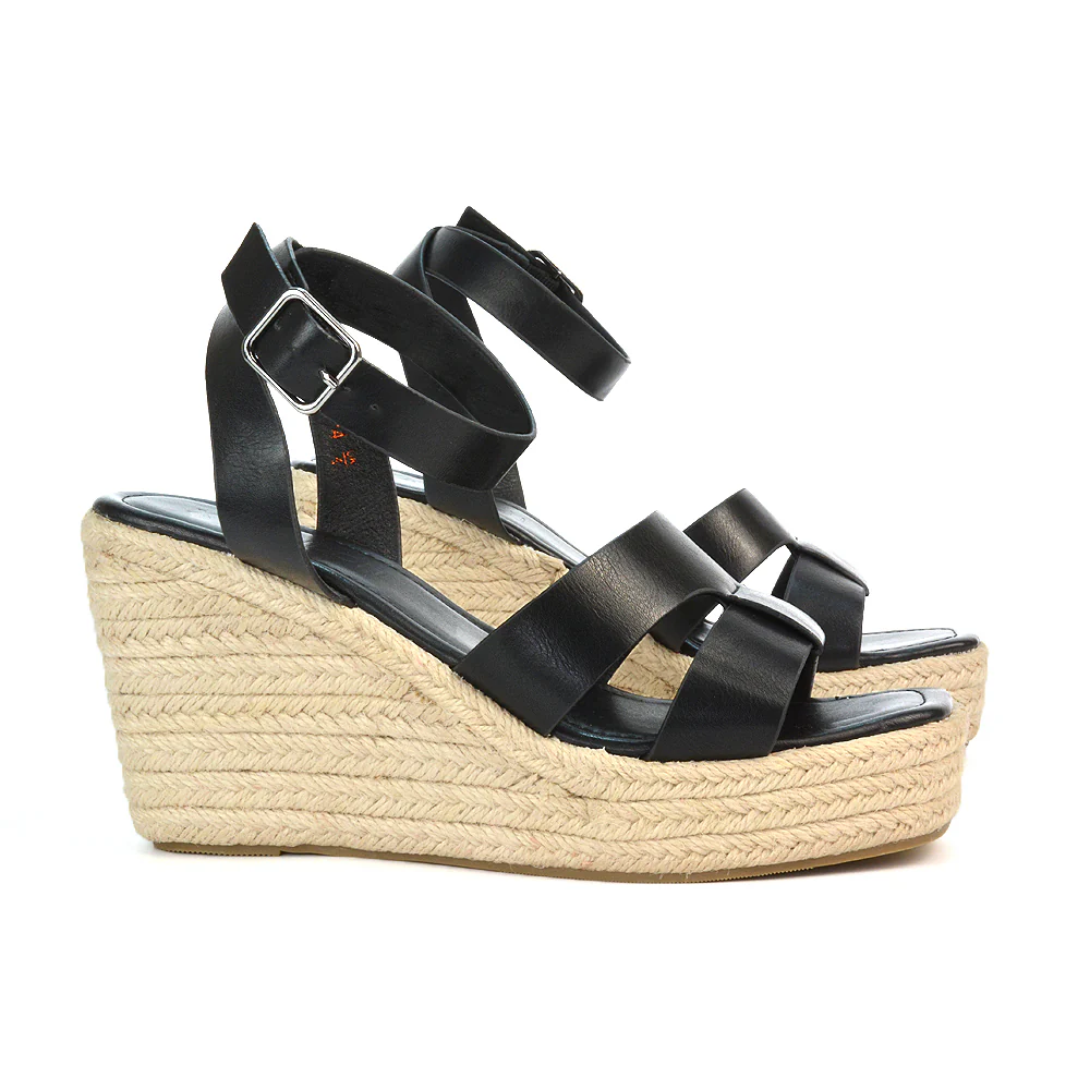 Kala Espadrille Strappy Platform Wedge Heel Sandals With a Square Toe in Gold - Image 91