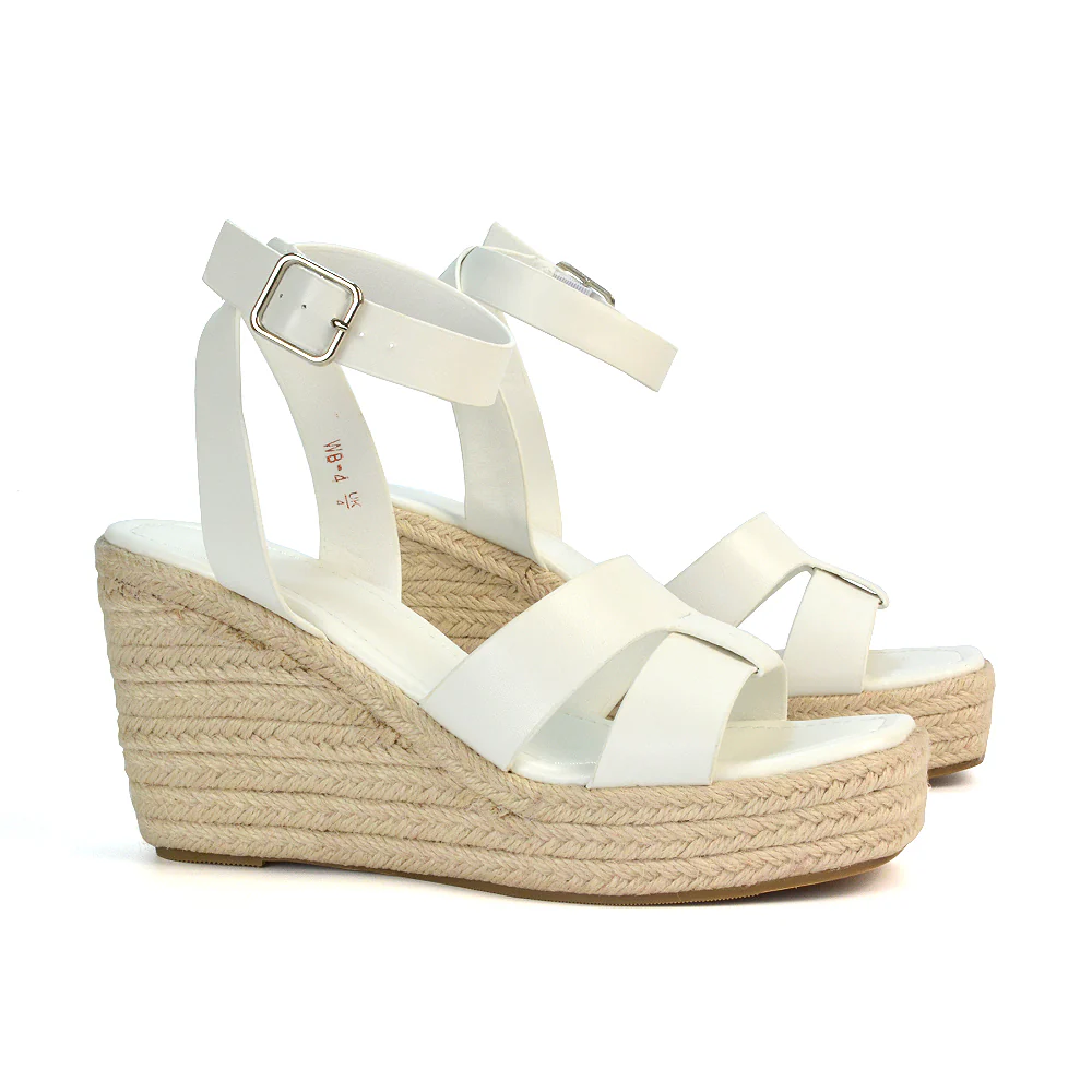 Kala Espadrille Strappy Platform Wedge Heel Sandals With a Square Toe in White - Image 2