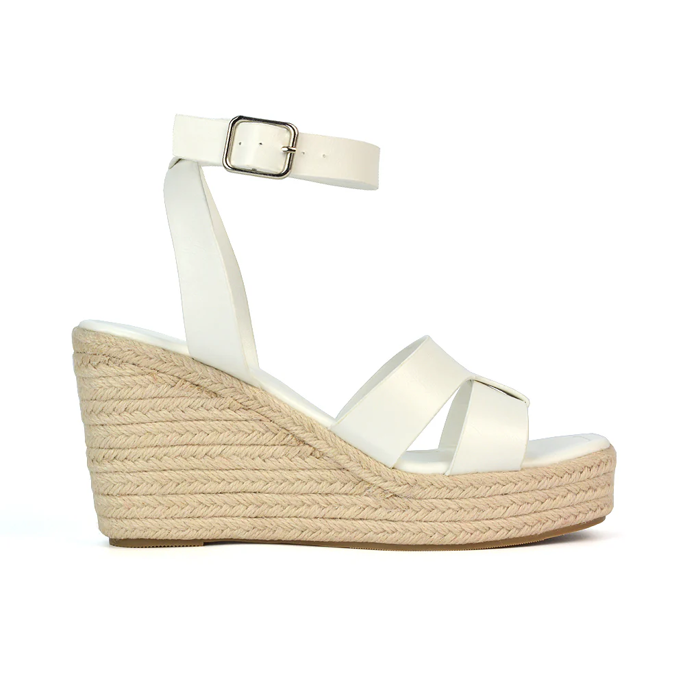 Kala Espadrille Strappy Platform Wedge Heel Sandals With a Square Toe in White - Image 39