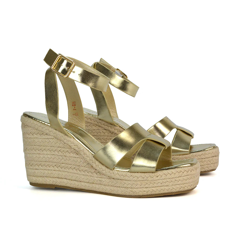 Kala Espadrille Strappy Platform Wedge Heel Sandals With a Square Toe in White - Image 61