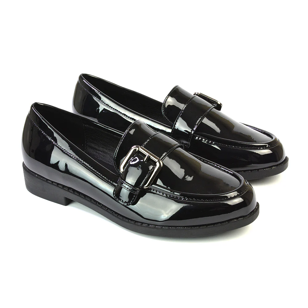 Kali Buckle Up School Shoes Loafers With Chunky Soles in Black Synthetic Leather - Image 11