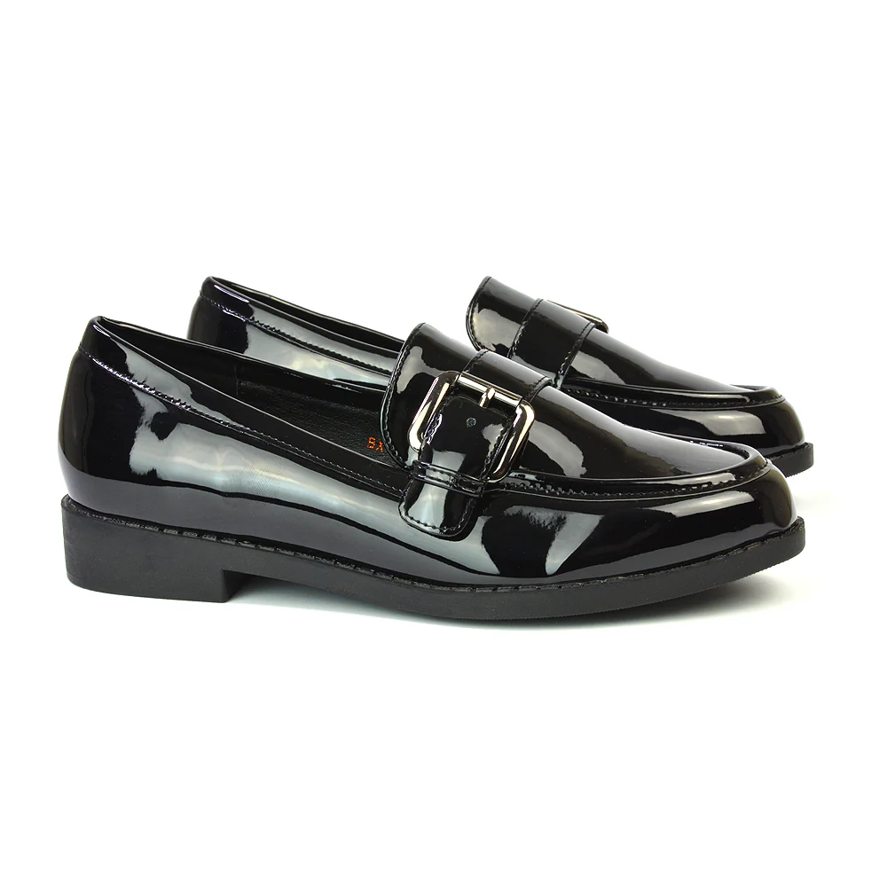 Kali Buckle Up School Shoes Loafers With Chunky Soles in Black Synthetic Leather - Image 14