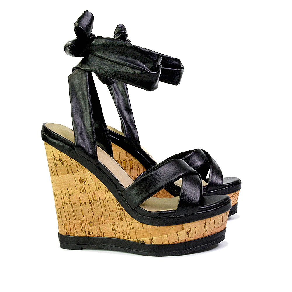 Kammie Lace Up Strappy Cork Wedge Heel Sandals Platform Shoes in Black - Image 19